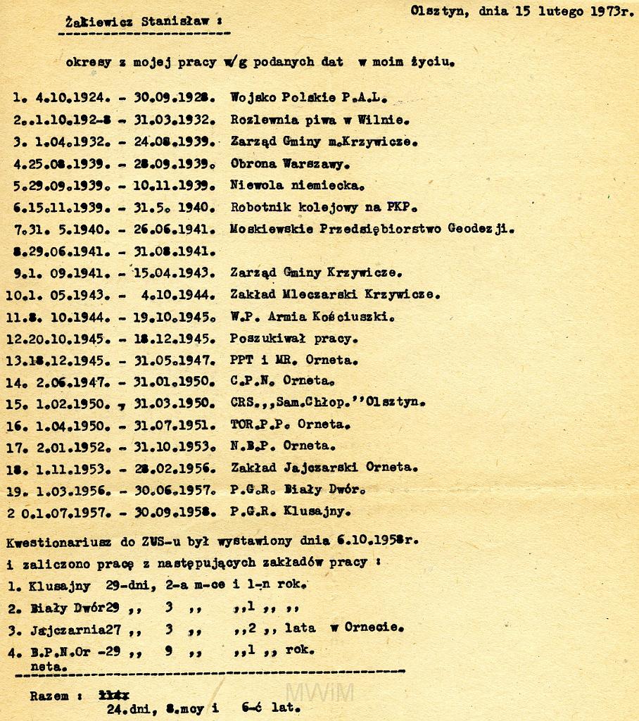 KKE 2154.jpg - Dok11. Wykaz okresów pracy zawodowej Stanisław Żakiewicz - tata Łucji Jaczewskiej (z domu Żakiewicz), Olsztyn, 15 II 1973 r.